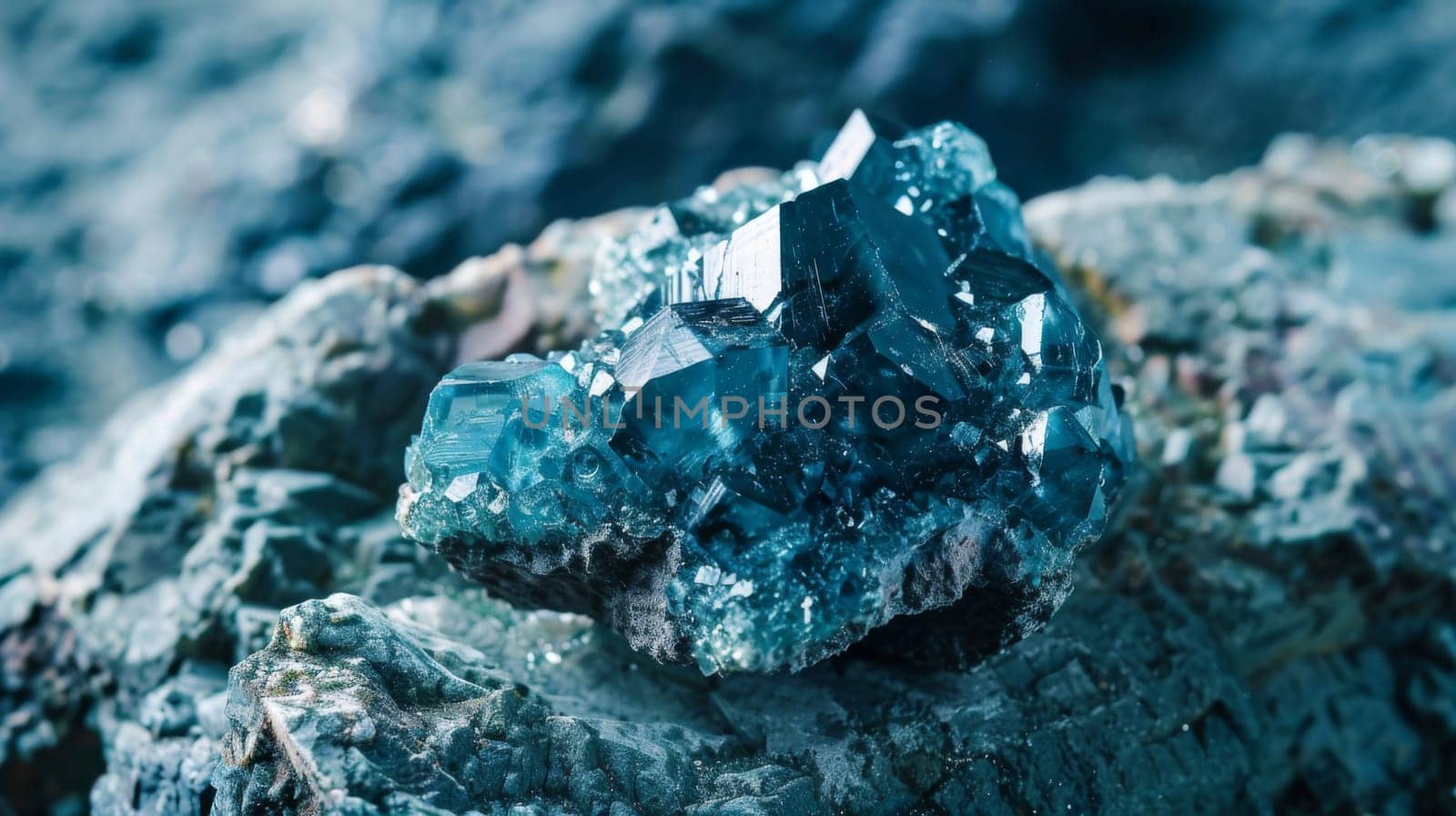 A close-up view of a cluster of blue crystals resting on top of a rugged rock surface, creating a striking contrast between the vibrant blue hues and the earthy tones of the stone.