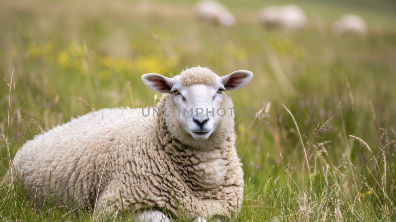 A sheep is seen sitting in a field filled with tall green grass. The sheep appears relaxed and content as it rests among the vegetation.