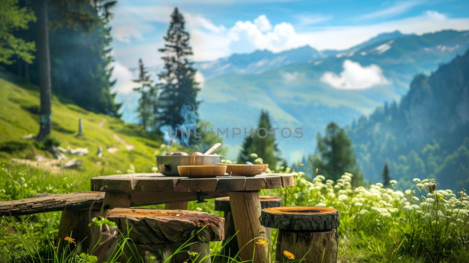 A wooden picnic table sits in the middle of a vast field, surrounded by grass and wildflowers. The table is weathered but sturdy, offering a place for gatherings or meals outdoors.