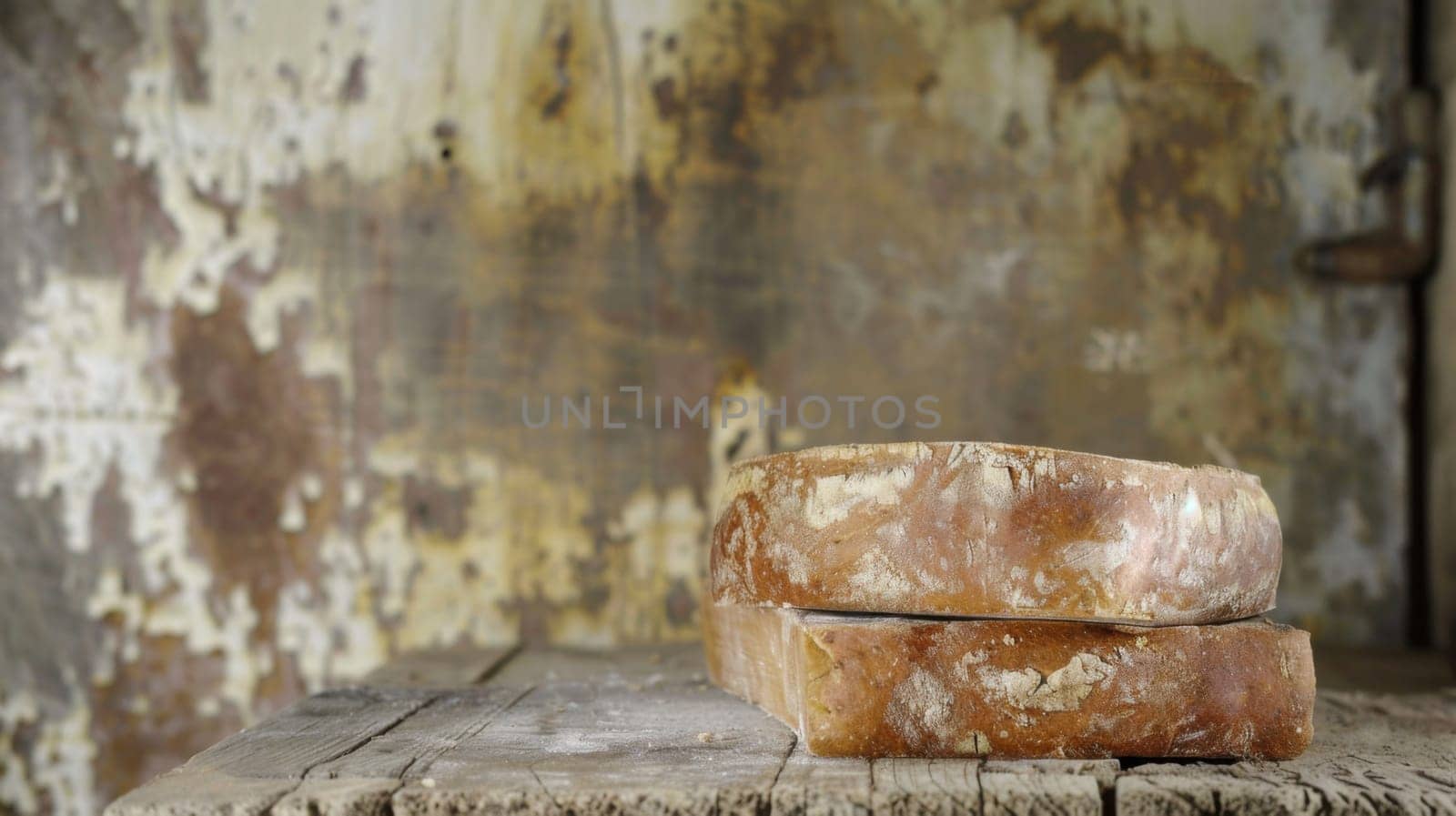 Two slices of bread are placed on top of a wooden table. The table surface is rough and textured, providing a sturdy base for the bread. The bread appears to be plain white bread, without any toppings or fillings.