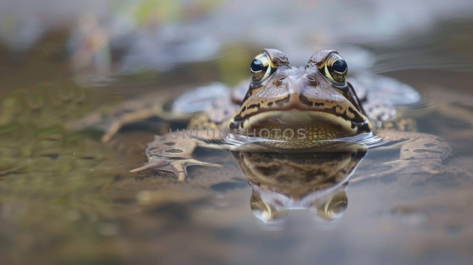 A frog is perched on a rock in the middle of a shallow stream. It appears to be calmly observing its surroundings while partially submerged in the water.