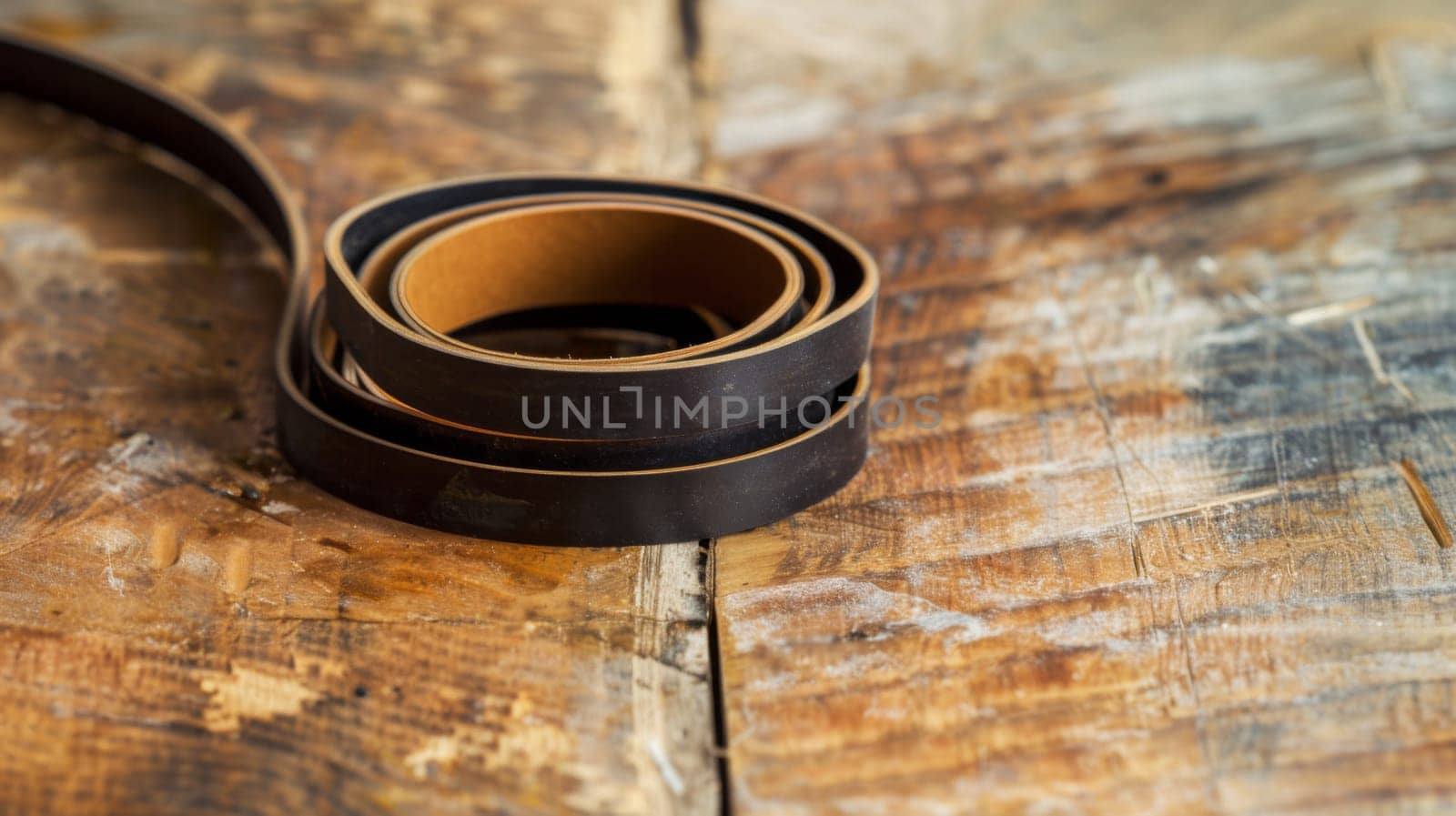 A pair of black tape rolls placed neatly on a wooden table surface. The table is brown with visible grains, providing a stark contrast to the black tape.