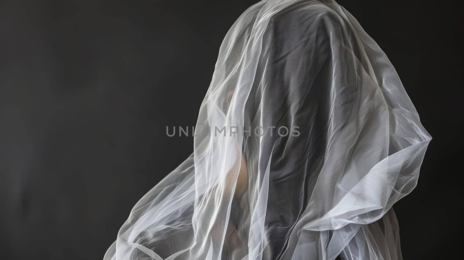 A woman is depicted wearing a white veil against a stark black background. The focus is on the contrast between the white veil and the dark surroundings.