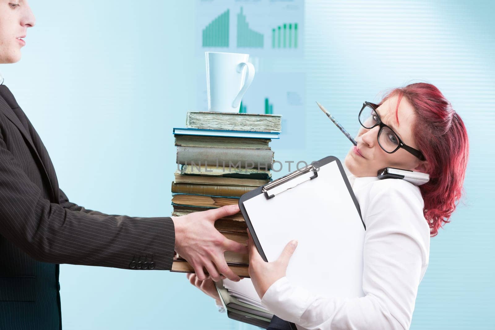 Power abuse at work: male bosses dump tasks onto an overworked female worker. Unjust and inefficient!