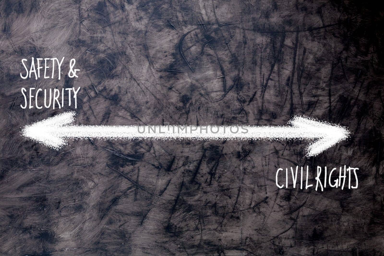 stark choice is illustrated against a grungy black background: enhanced societal security versus diminishing civil rights. Is this just a muscle-bound militaristic view, or can other solutions be expl