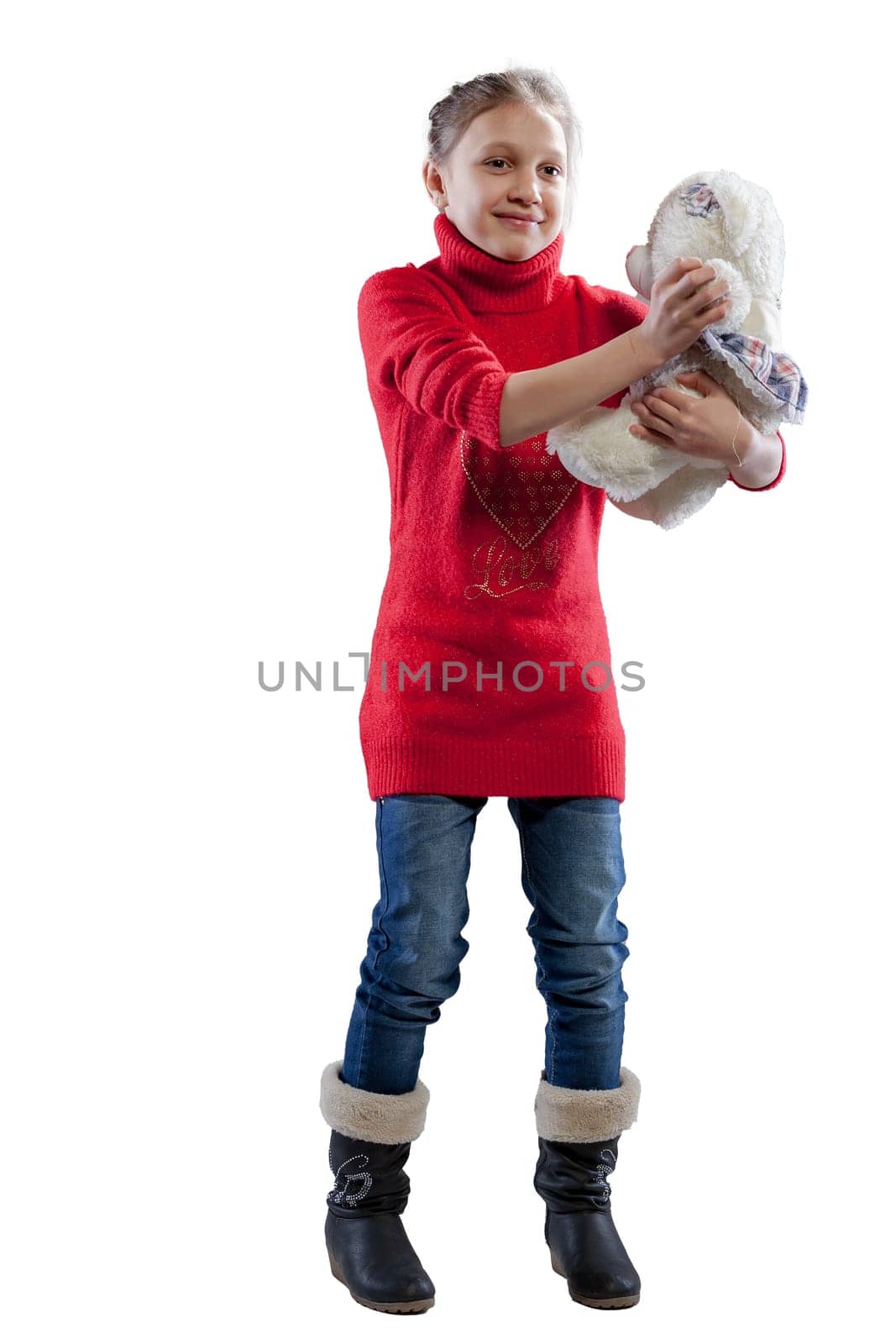 White teddy bear and a girl in a red sweater share a playful bond, full of cuddles, hugs, tossing - a soft and loving companionship