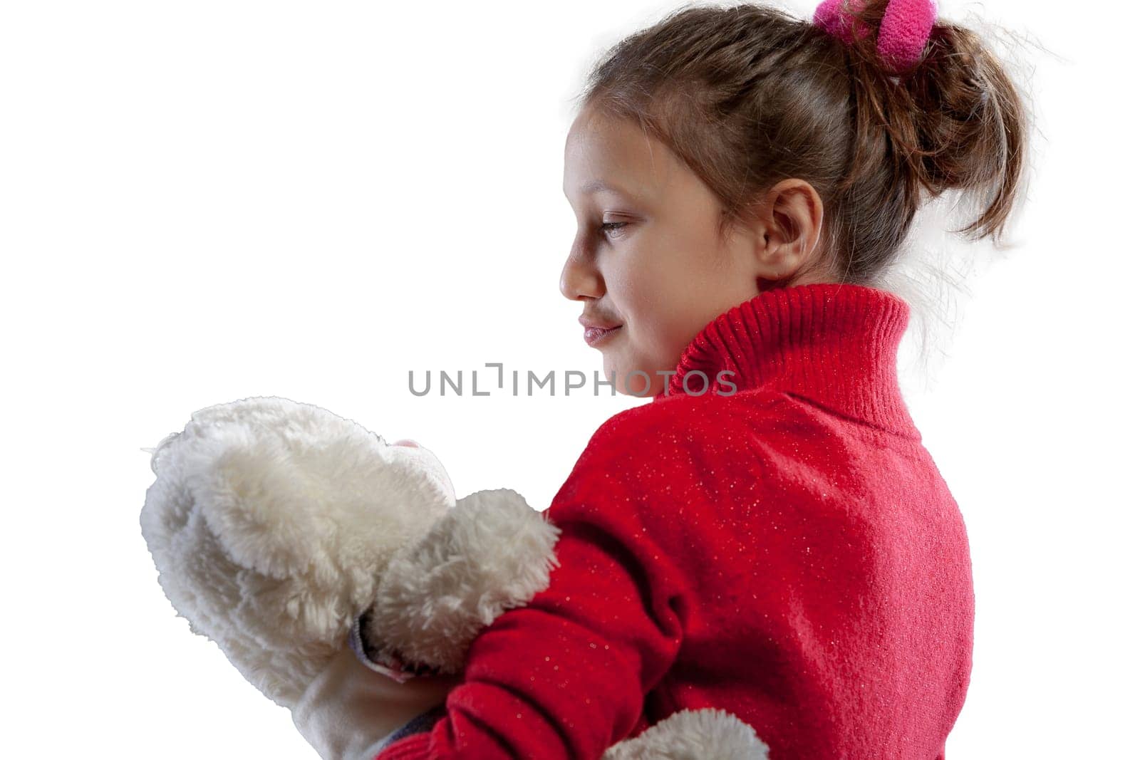 With her white teddy bear, a girl in a red sweater experiences friendship, joy, comfort - it's soft, loving and always there for her
