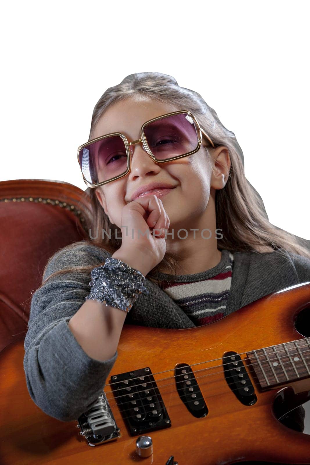 Imaginary pop-rock star, a young girl with an electric guitar, sunglasses, perched on a velvet baroque armchair, basking in adulation