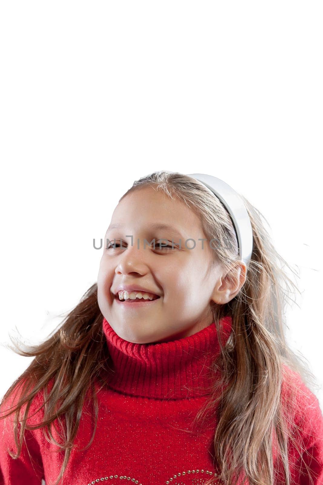 girl looks sideways as if to say 'are you kidding me? What the heck are you saying? You can't be serious, can you? These things can't be true'. Captured on a white background, she's wearing a red swea