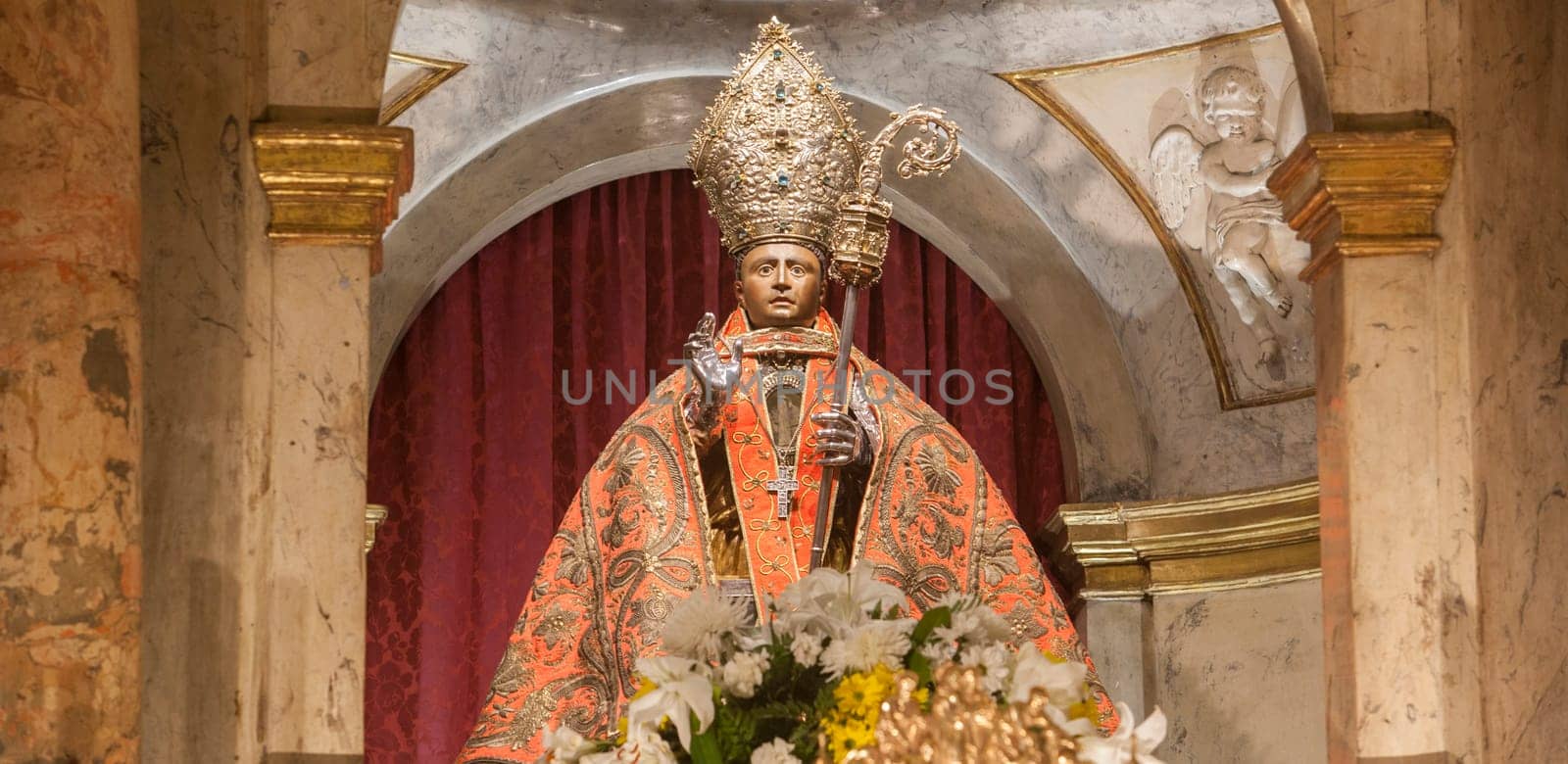 Pamplona, Spain - March 3rd, 2024: San Fermin Patron Saint figure at San Lorenzo Church, Pamplona, Navarra, Spain. Front view