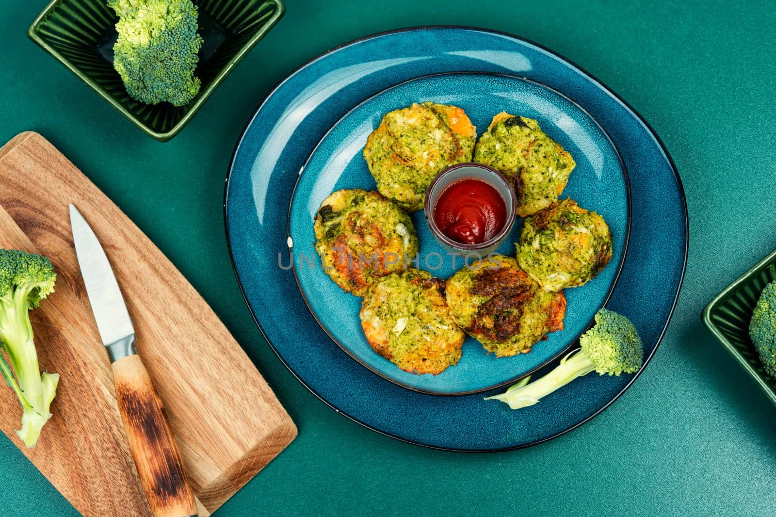 Vegan broccoli cutlets. Healthy vegan food. Cabbage cutlets. Top view.
