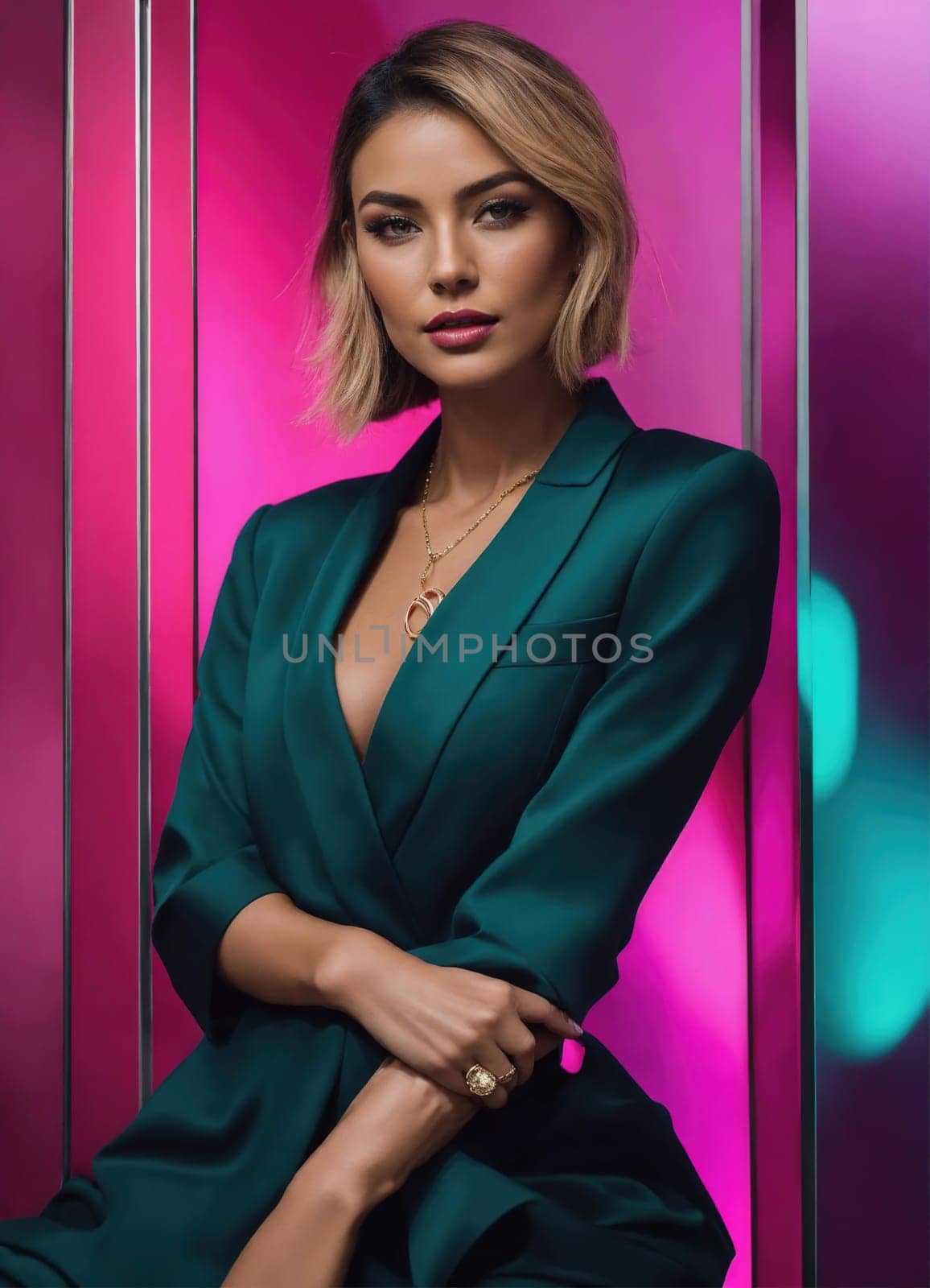 fashion photo of beautiful girl on the blue, green and purple background. ai generative.