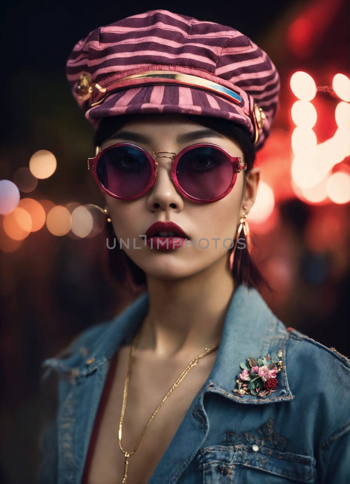 Fashion portrait of young beautiful asian woman with short hairstyle and sunglasses in a stylish dress. ai generative.