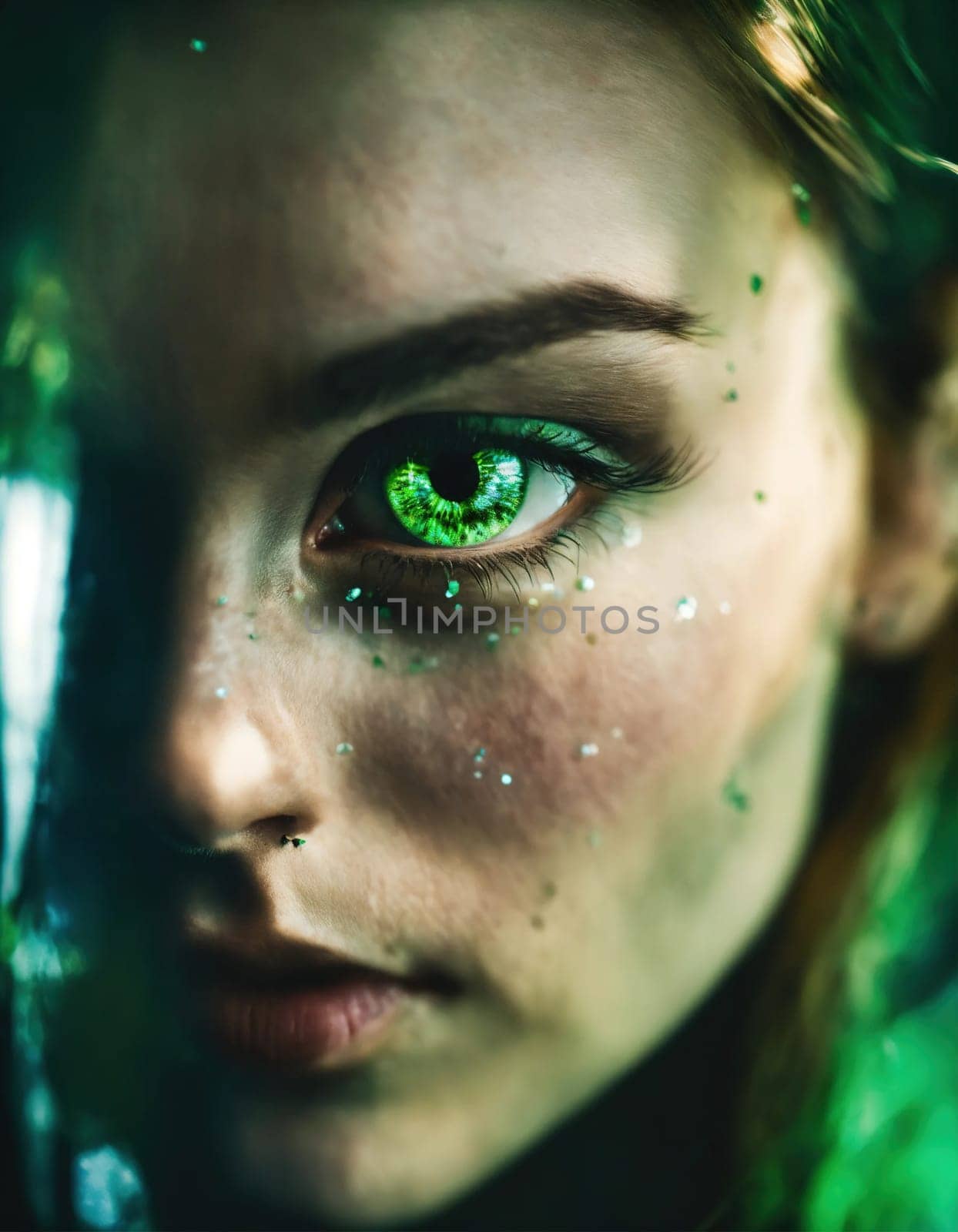 Close up shot of a beautiful woman's eye through broken glass. ai generative.