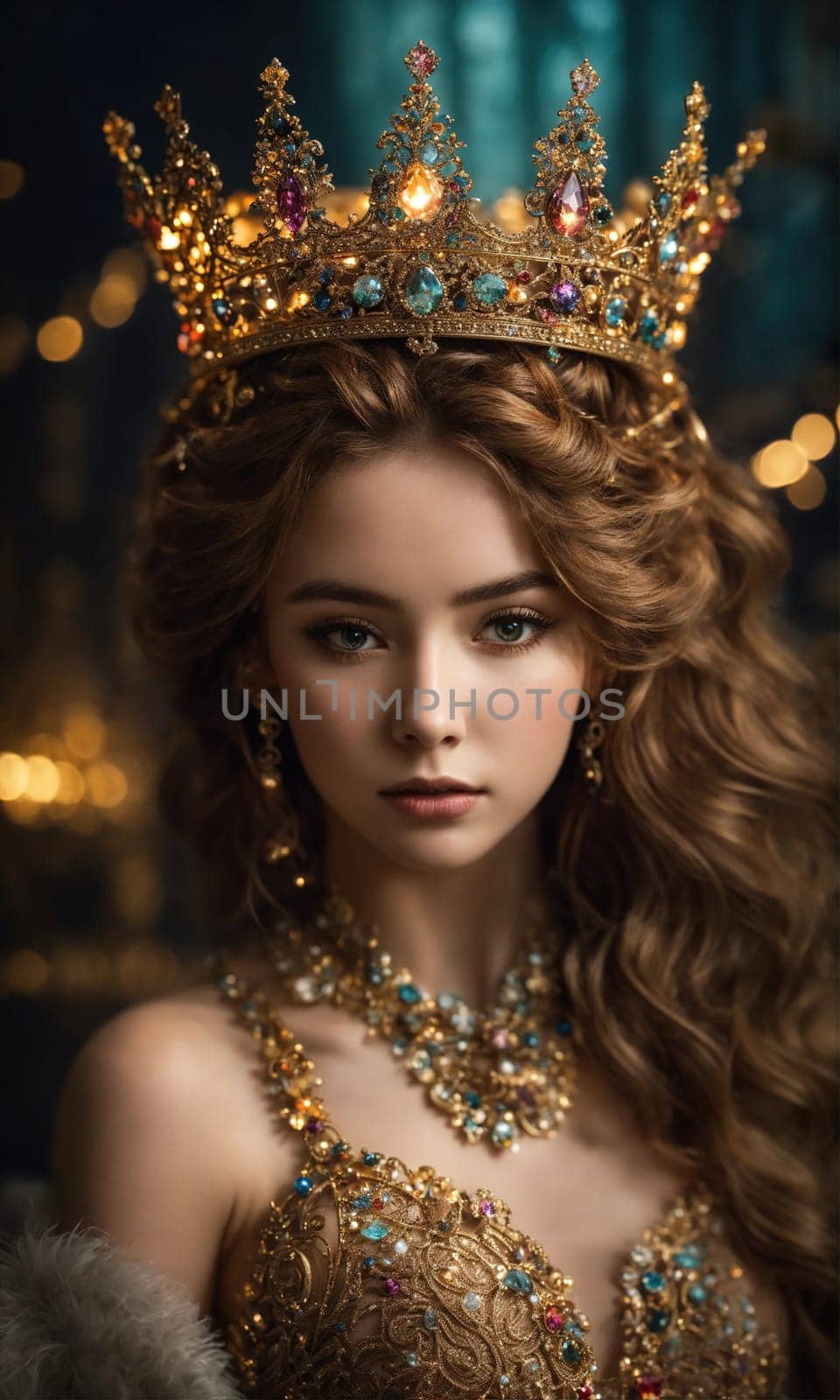 Portrait of beautiful young woman in crown. Luxury makeup and hairstyle. ai generative.
