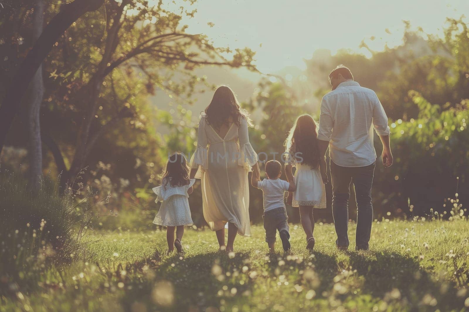 A diverse group of individuals strolling through a vibrant green field, bathed in the golden glow of the sun, taking in the beauty of the natural surroundings.