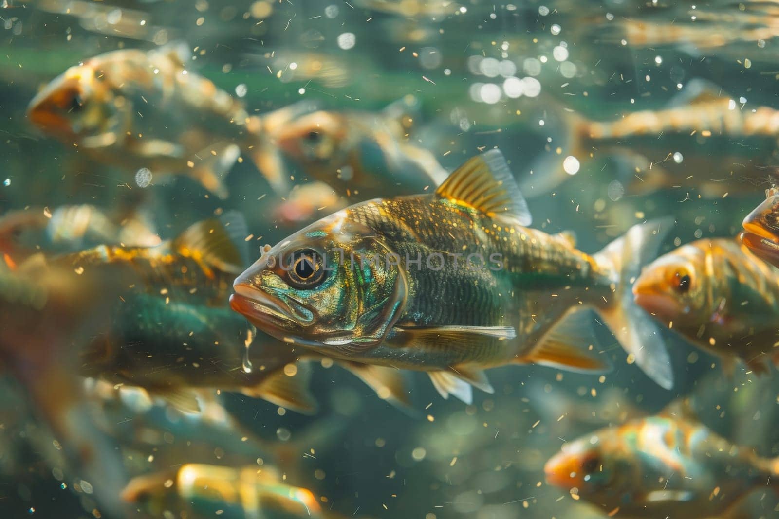 A large group of vibrant fish swim gracefully in the aquarium, creating a mesmerizing display of colors and fluid movements.