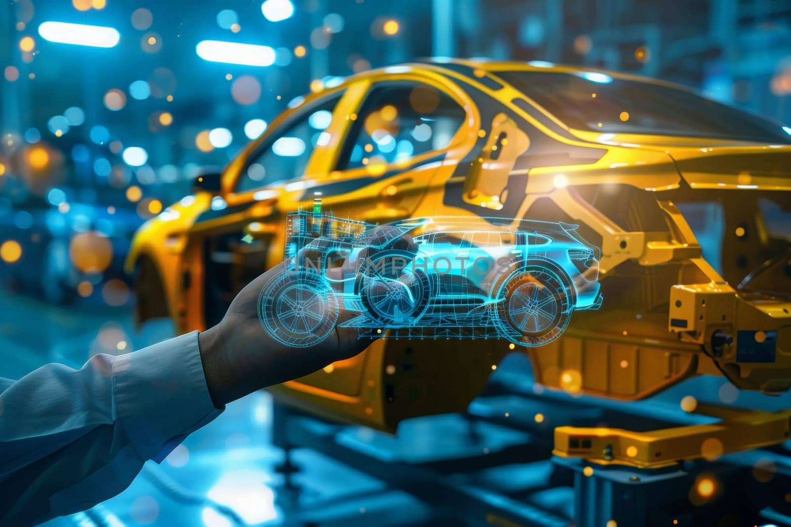 A hand delicately touches a car on an assembly line, symbolizing the human touch in the manufacturing process.