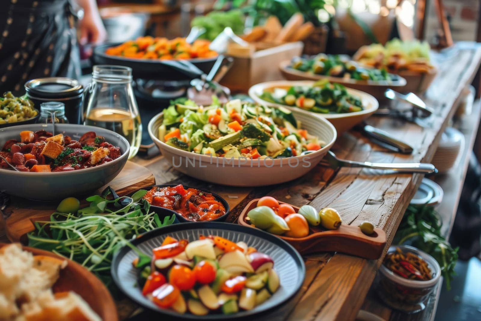 A wooden table adorned with a variety of delicious dishes, inviting guests to indulge in a feast of flavors and aromas.