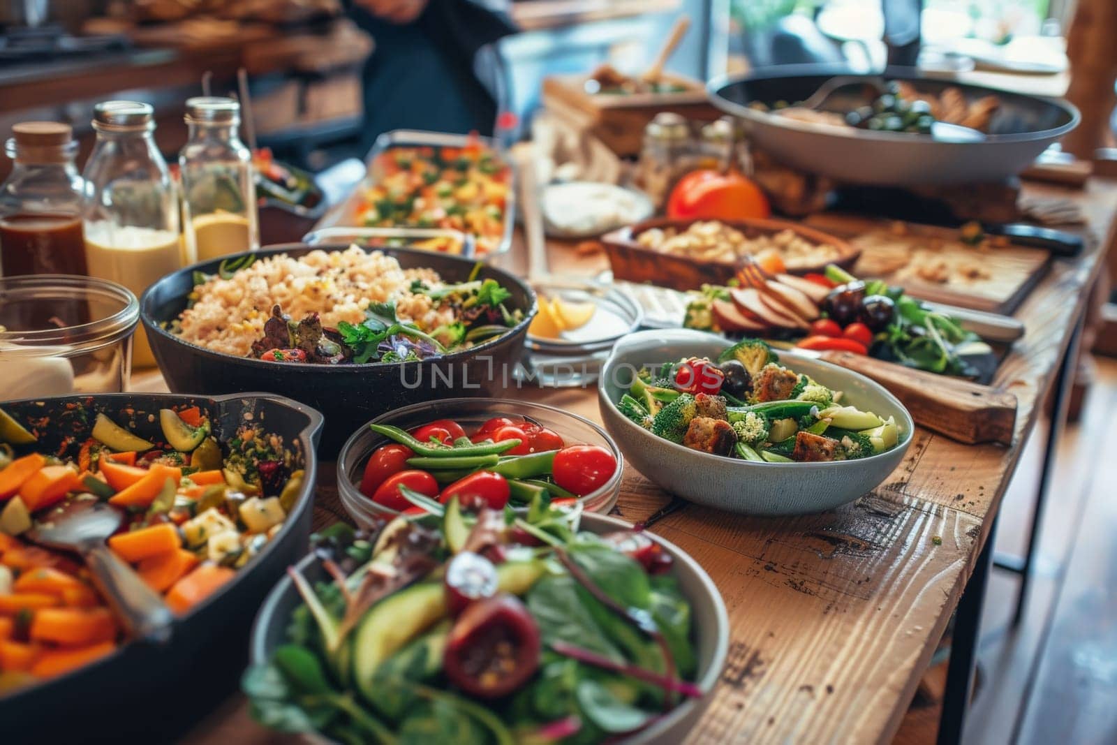 Various bowls filled with delicious food are elegantly arranged on a rustic wooden table, creating a visual feast for the senses.