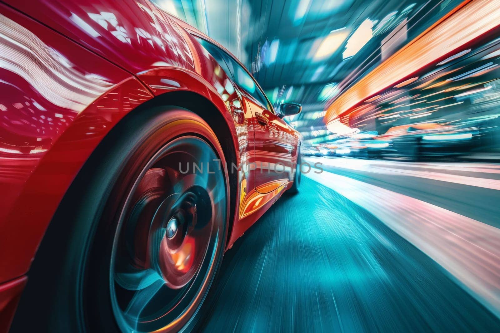 A vibrant red car smoothly navigates a bustling city street, exuding elegance and speed.