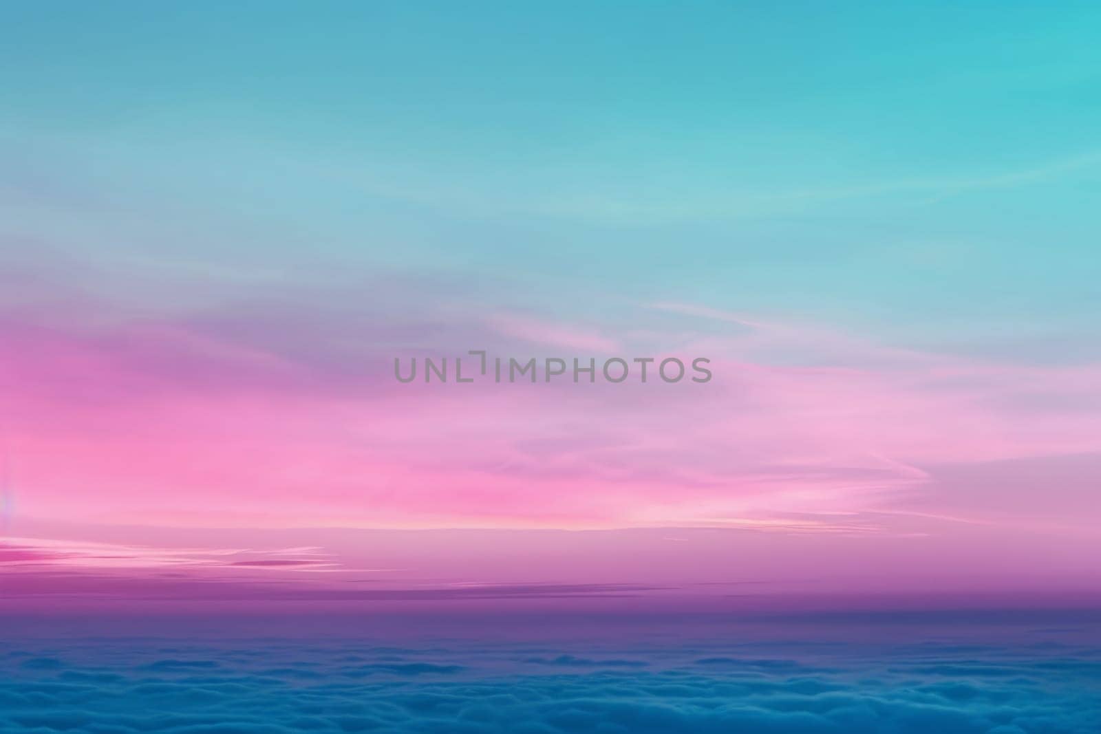 A beautiful scene with a pink and blue sky above fluffy clouds, creating a dreamy and enchanting atmosphere.
