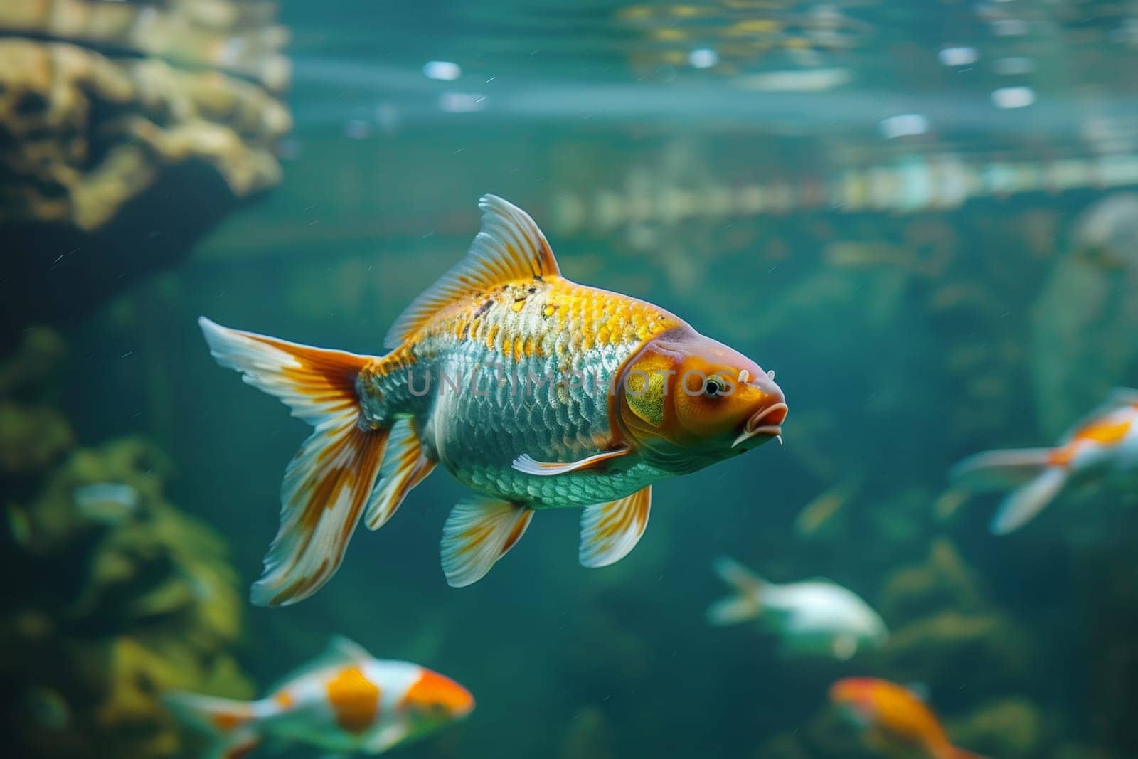A mesmerizing underwater scene of a lively group of goldfish swimming elegantly in an aquarium, showcasing their shimmering scales and graceful movements.