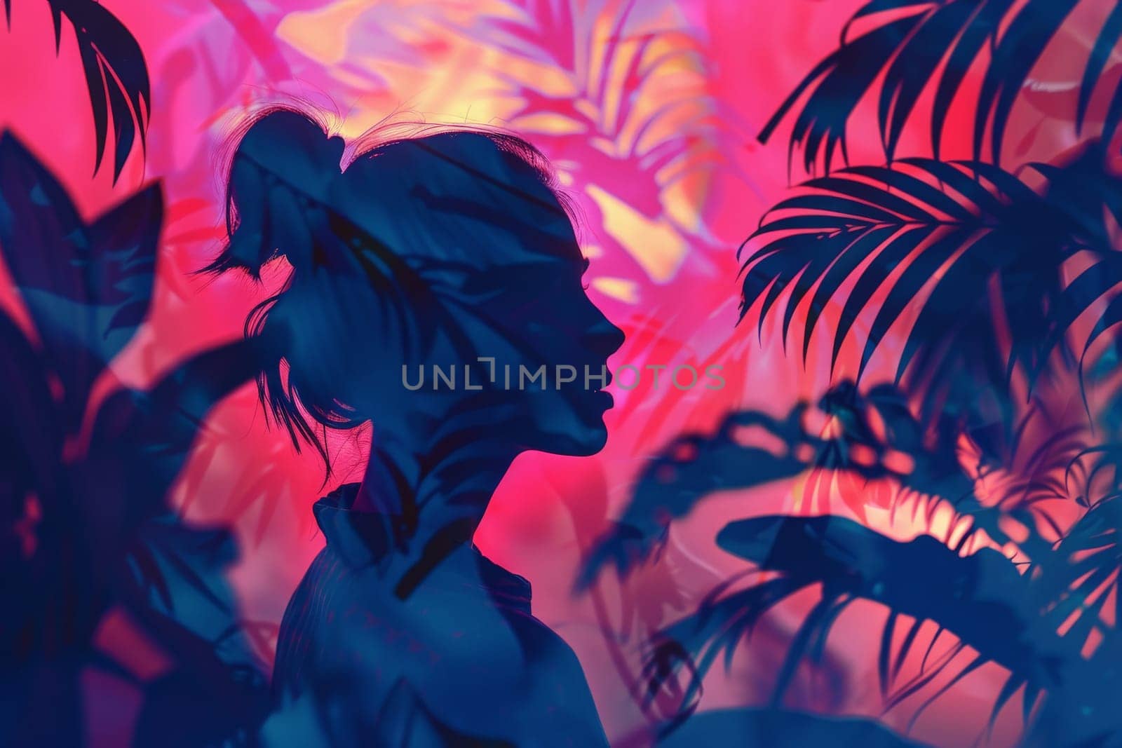 A captivating painting of a woman standing gracefully in front of majestic palm trees, embodying peace and harmony in nature.