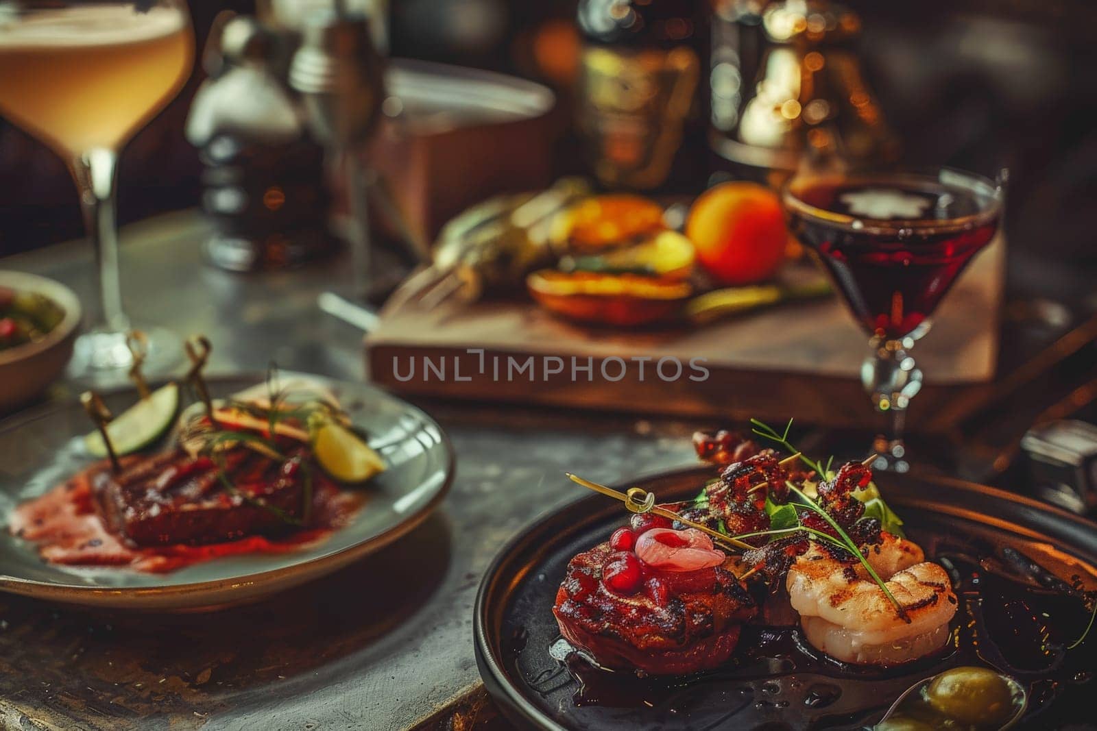 A lavish table set with a variety of delicious dishes, elegant plates of food, and sparkling glasses of wine, inviting a celebratory feast.
