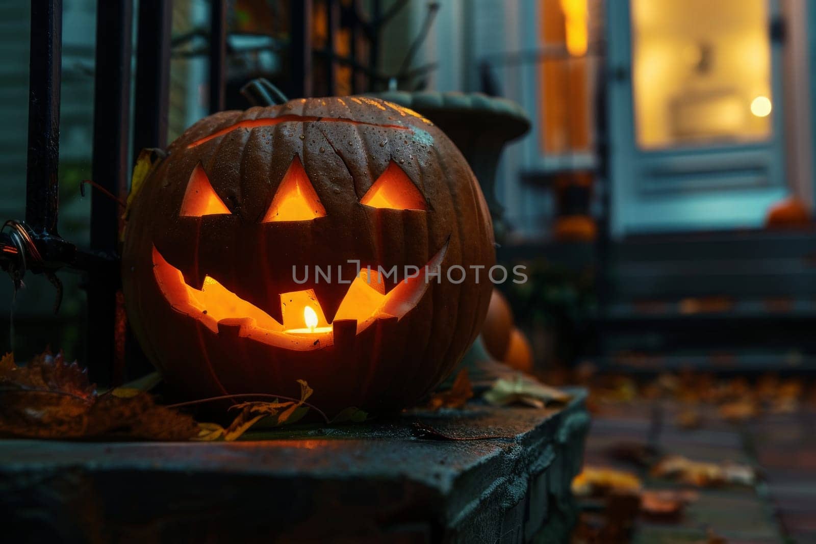 A meticulously carved jack o lantern sits serenely on a step, radiating a warm, flickering glow.