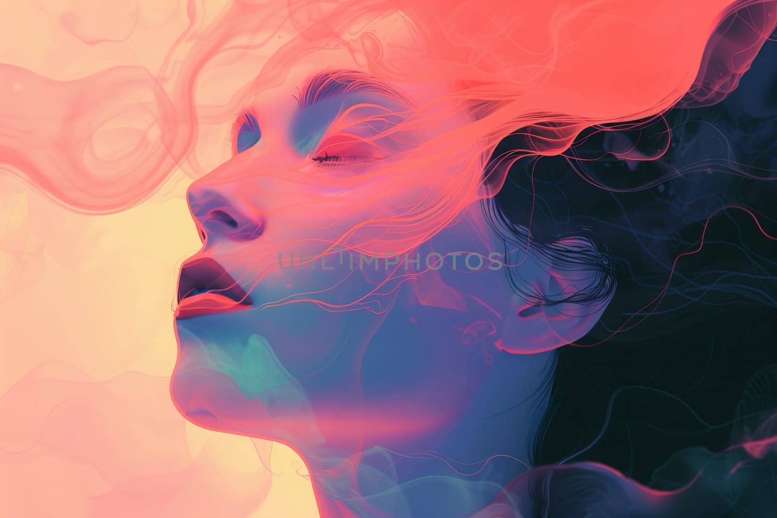 A woman encapsulated in mystique, her face emitting wisps of smoke, evoking a sense of deep internal turmoil and concealed emotions.