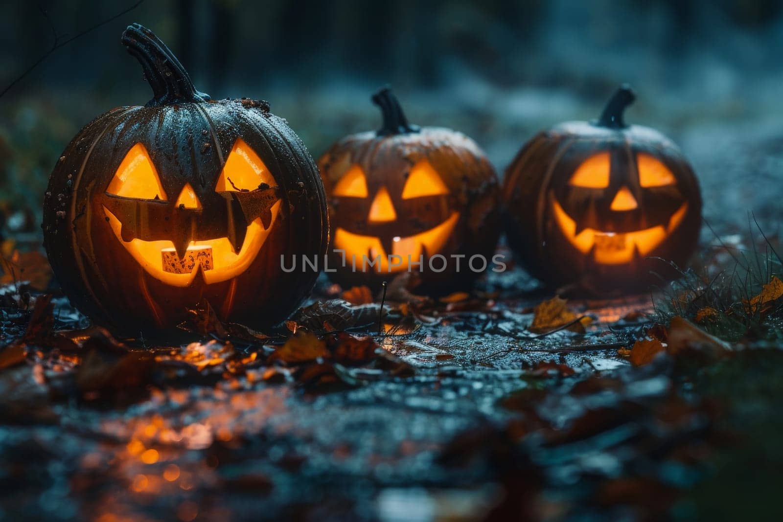 A cluster of intricately carved pumpkins rest on soggy soil, their haunting faces illuminated by a faint moonlight on a rainy night.