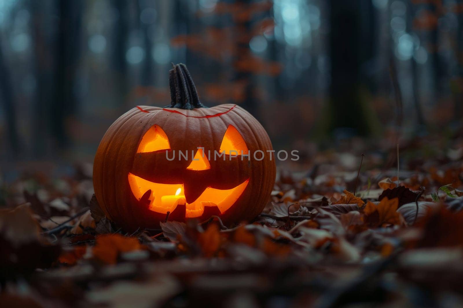 A whimsically carved pumpkin nestled in the heart of a mystical forest, exuding an aura of Halloween magic.