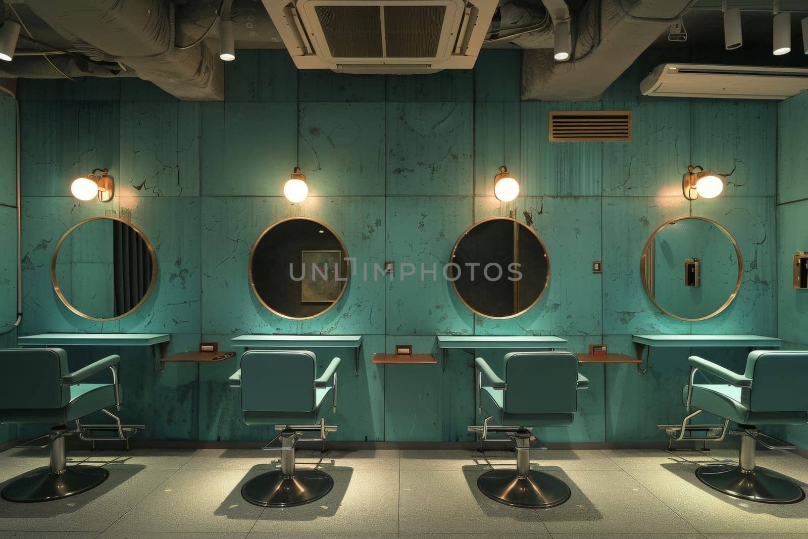 Turquoise walls and circular mirrors create a vintage vibe in a tranquil salon setting.