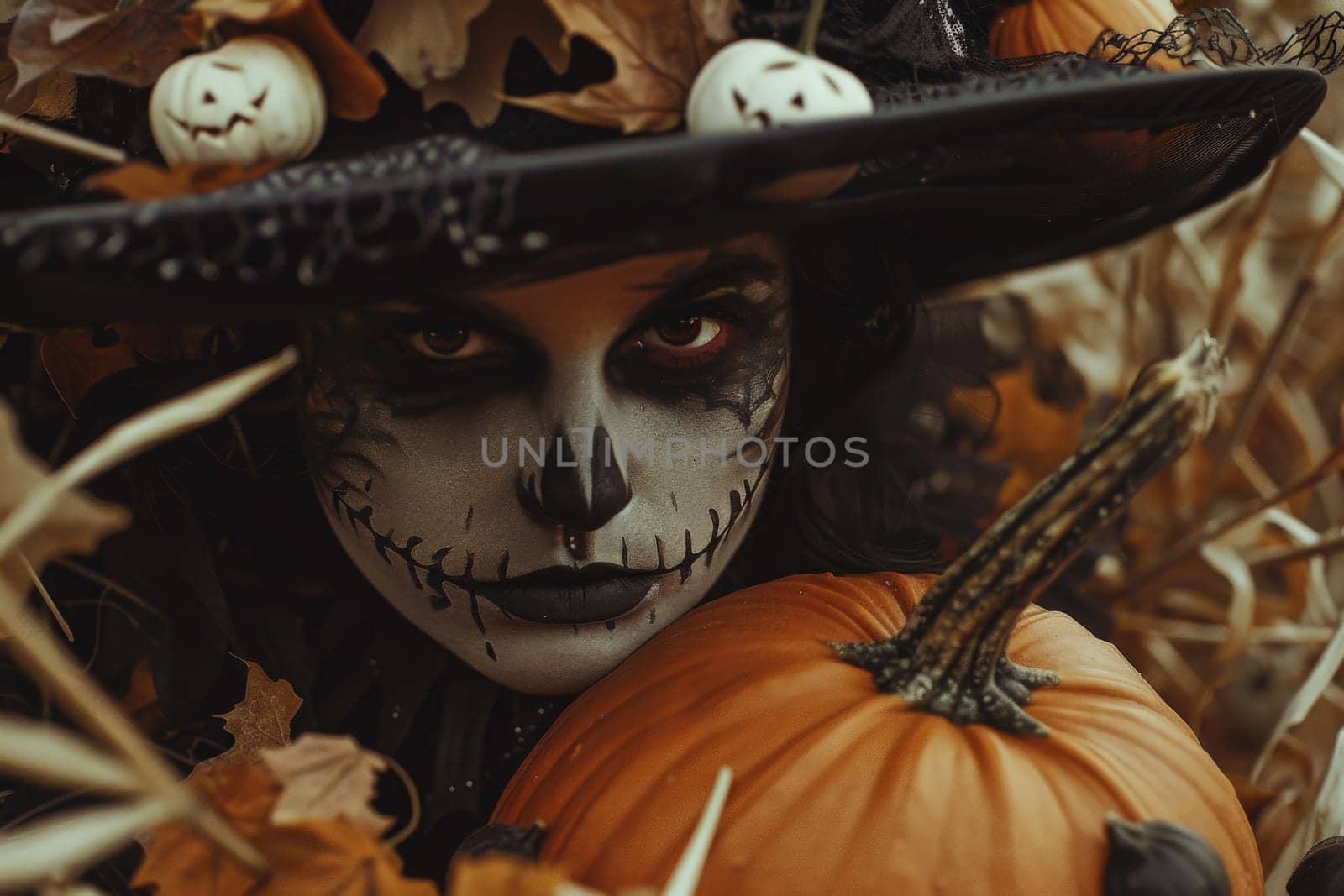 A woman wearing a skeleton costume and a hat stands among pumpkins, exuding a mysterious and captivating aura.