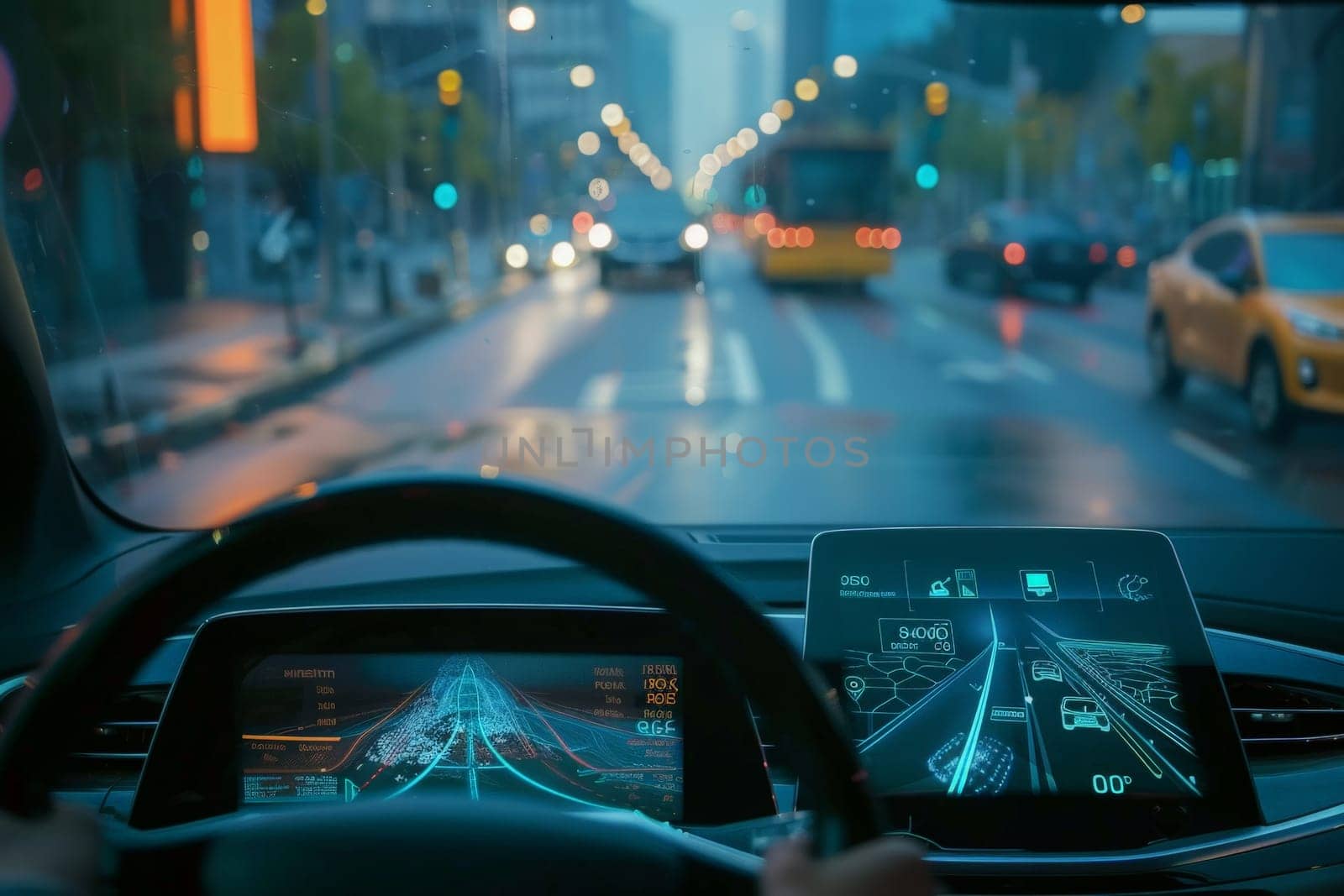 A person drives a car through the bustling city streets, navigating traffic and interacting with the dynamic urban environment.