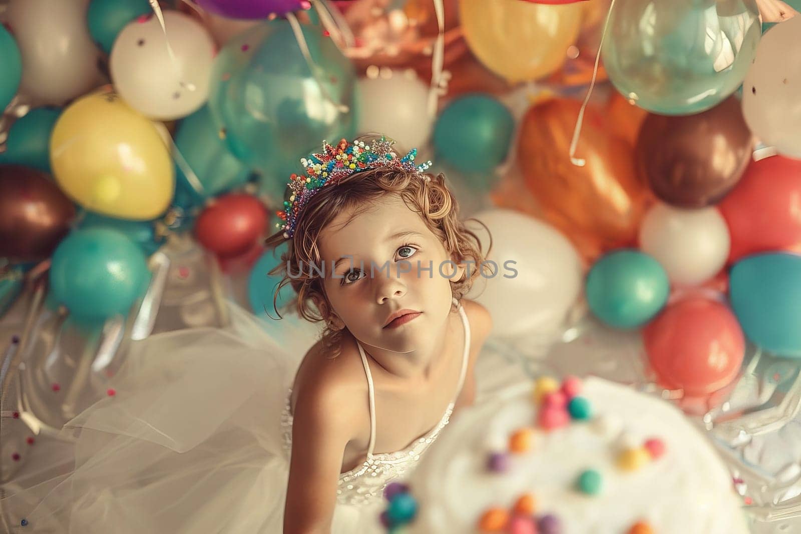 A little girl sits happily in front of a colorful cake surrounded by balloons, in a joyful celebration of her birthday.