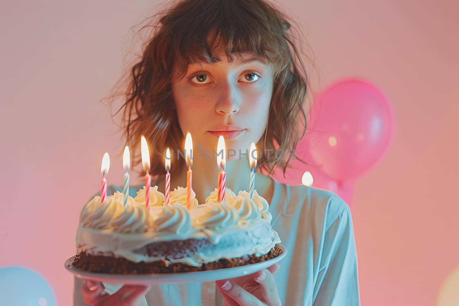 A woman joyfully holds a birthday cake topped with lit candles, ready to make a wish and celebrate a special occasion.