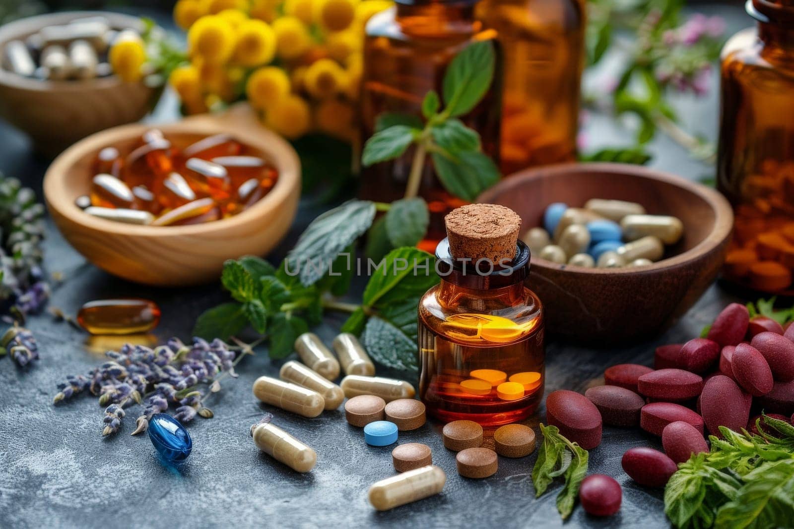 A variety of different types of pills scattered across a table, creating a colorful and artistic display of medication.