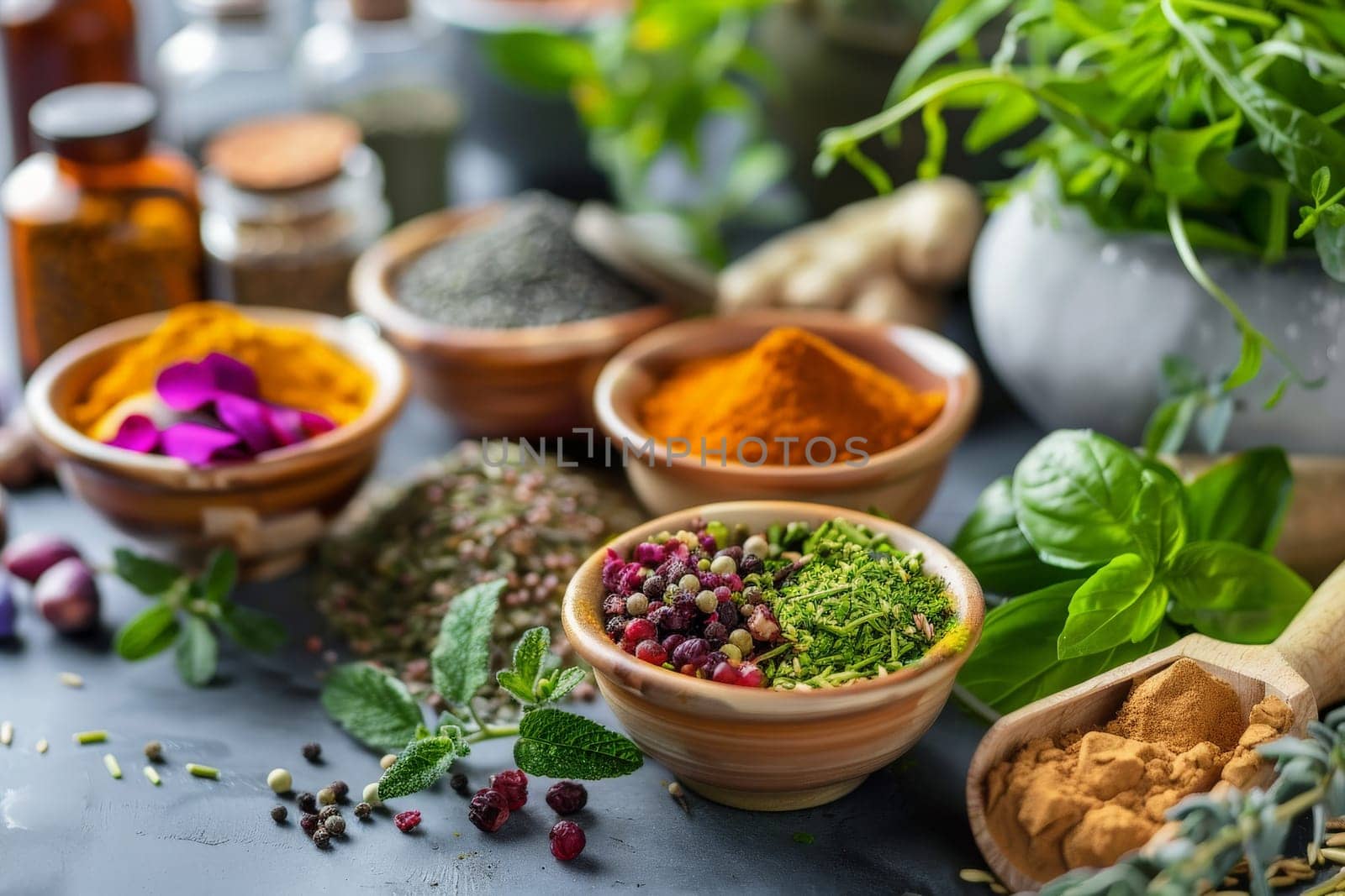 A table adorned with bowls overflowing with a colorful array of different spices, creating a vibrant and aromatic display.