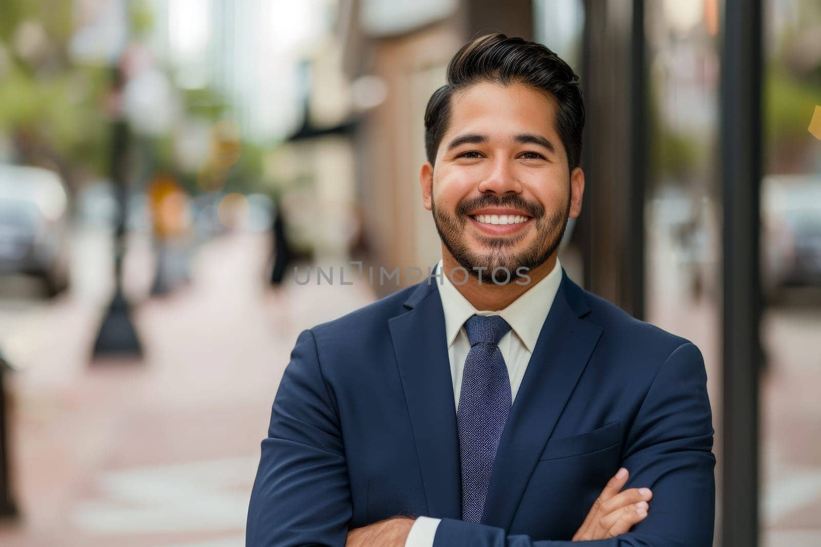 Dapper man in suit and tie confidently stands in front of modern building, exuding professionalism and success.