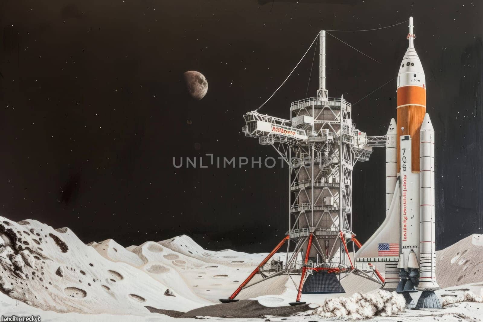 An artists interpretation of a space shuttle gracefully landed on the rugged terrain of the moon, against a backdrop of Earth in the distance.