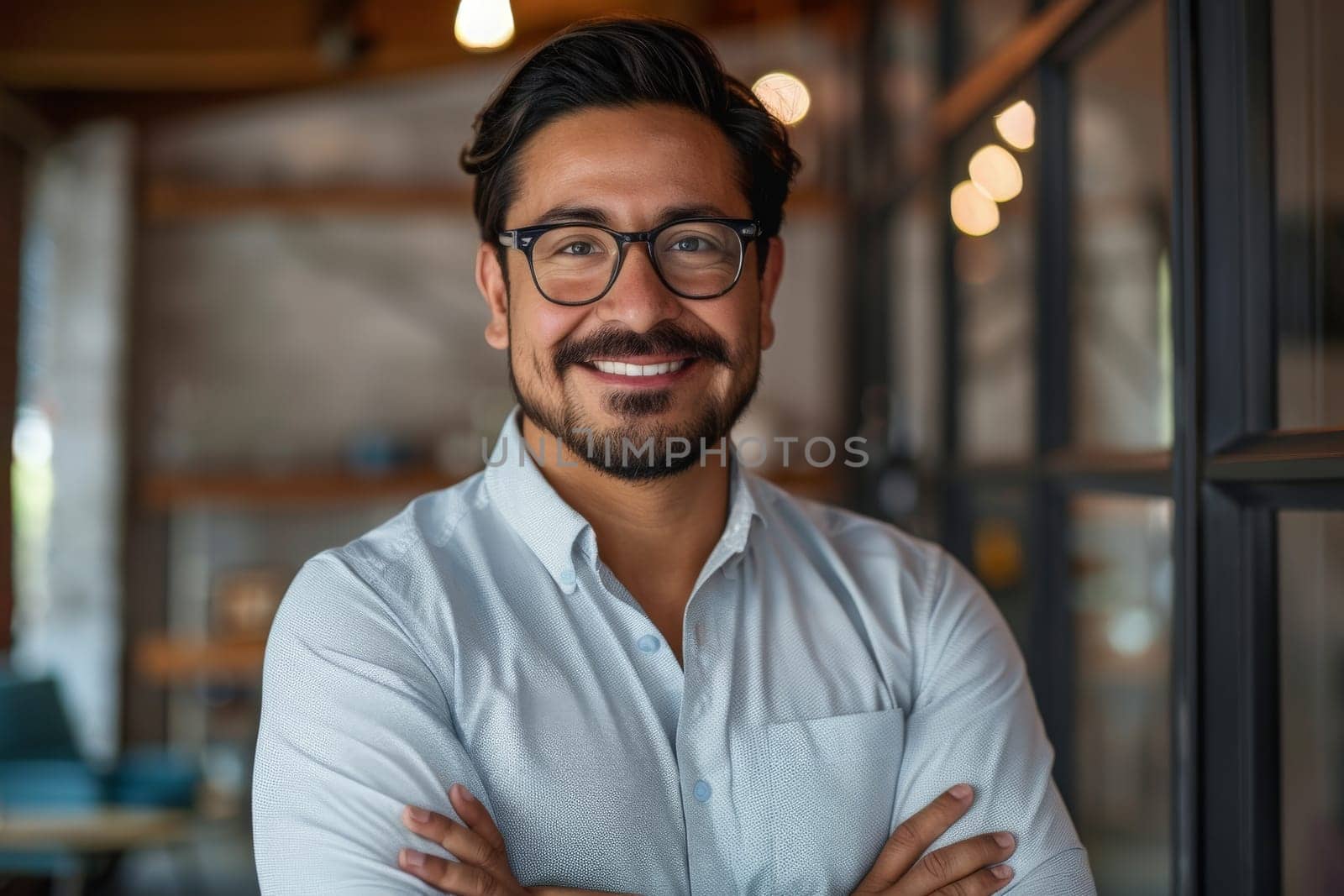 A bearded man with glasses stands confidently, arms crossed, exuding intelligence and charisma.