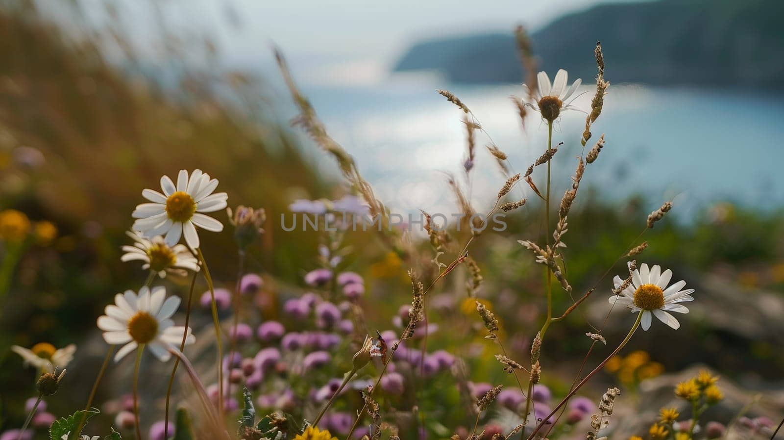 Immerse yourself in the enchanting beauty of wildflowers against the picturesque backdrop of the coast. With a focus on vibrant plants and dreamy bokeh, this captivating scene evokes a sense of serenity and wonder, inviting you to bask in the harmony of nature's embrace.