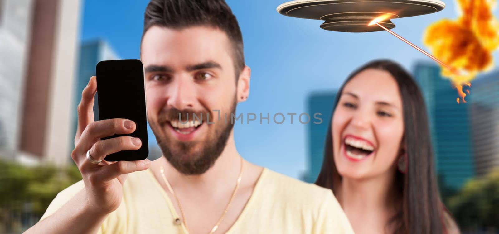 Captured by the lure of selfies, a man and woman remain unaware of substantial external events. Their attention on social media images overshadows the chance to use smartphones for self-betterment
