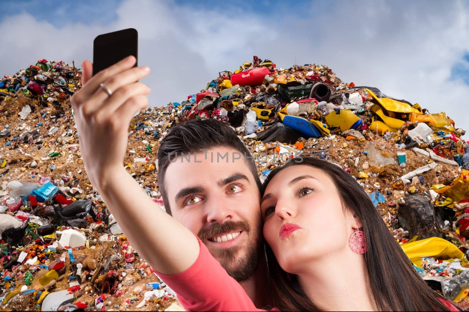 Amidst trash, a man and woman, engrossed in selfies, overlook their grotesque surroundings. Their craving for appearance, even in macabre reality, epitomizes the height of ignoring the real world