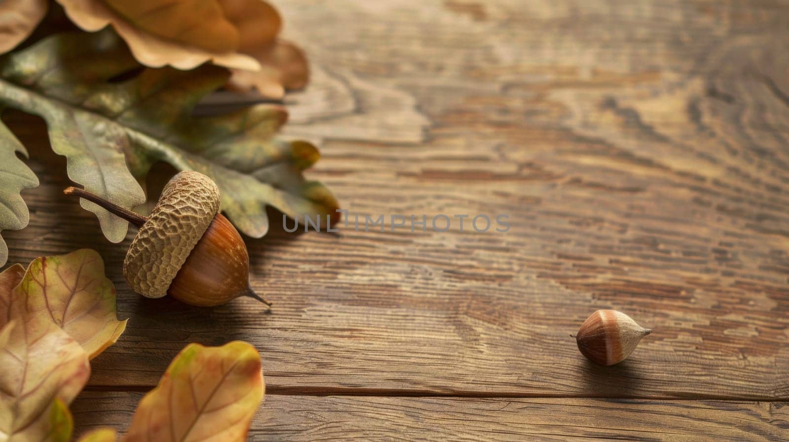 A close-up view of an acorn and scattered oak leaves on a textured wooden surface, capturing the essence of autumn with natural tones and a serene, rustic feel. The soft lighting accentuates the details of the acorns cap and the leaves veins.