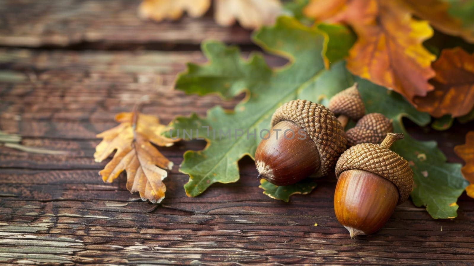 A collection of acorns is arranged neatly on top of a wooden table, showcasing their small brown shells and distinctive caps. The acorns are clustered together, creating a natural and rustic display.
