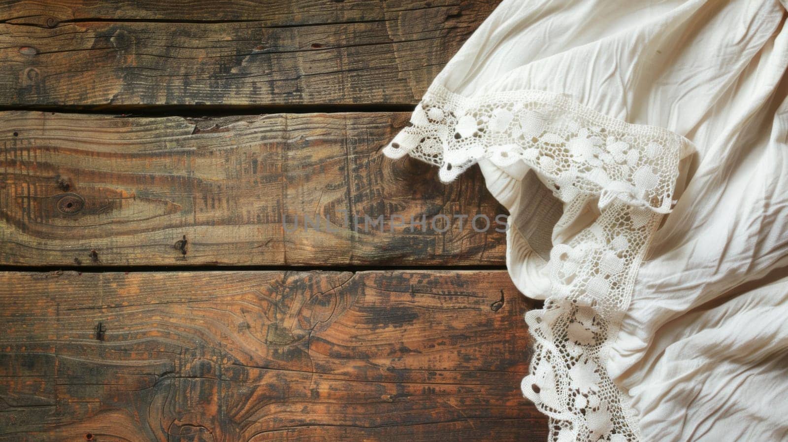 A piece of cloth lies on top of a wooden wall, creating a simple yet rustic composition. The texture of the wood contrasts with the softness of the fabric, adding interest to the scene.