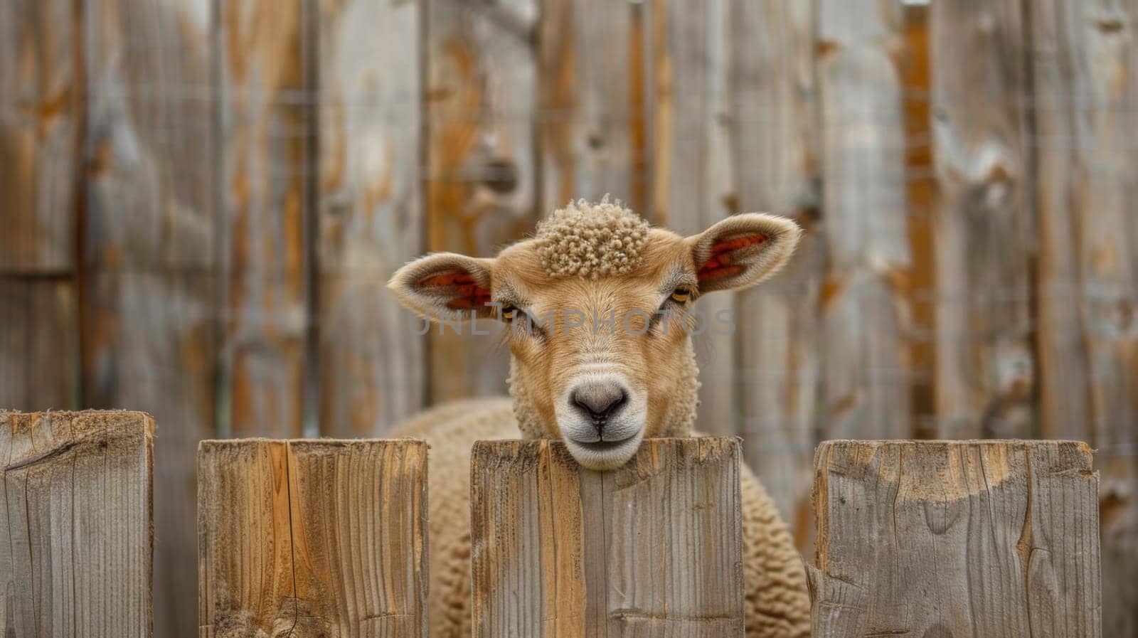 A curious white sheep is peeking over a sturdy wooden fence, its ears perked and eyes alert. The sheeps fluffy coat contrasts with the rough texture of the fence, creating a charming rural scene.